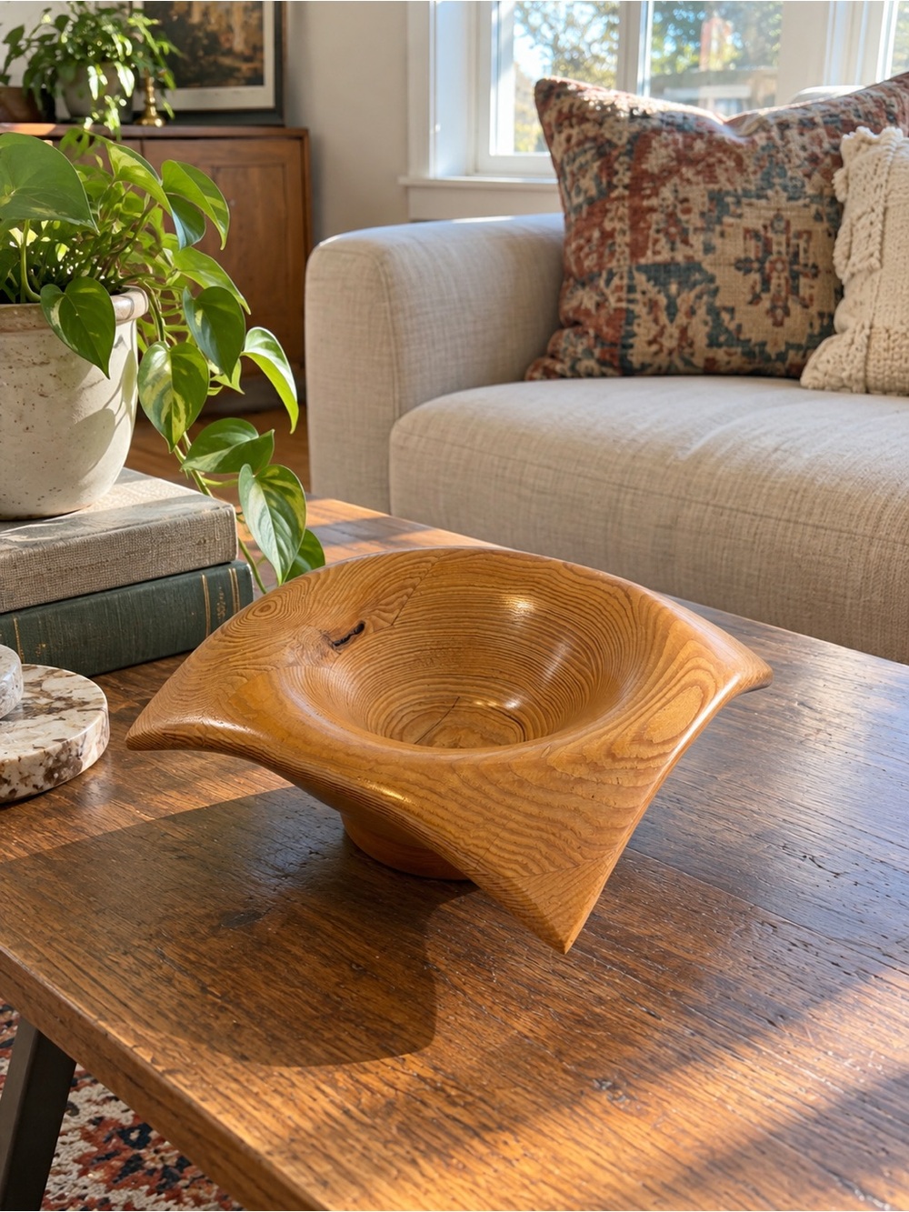 Handmade Carved Solid Turned Wood Bowl Square Rustic Artisan Home Decor Cabin